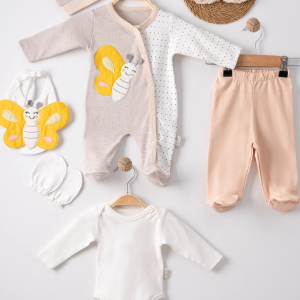 3 Ay Kelebek Nakışlı Tulum Erkek Bebek 5'li Set Kahverengi