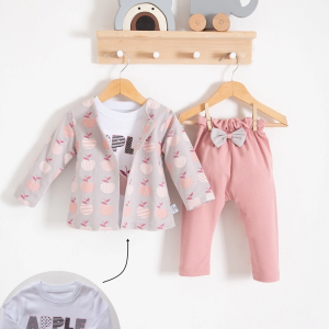 3-18 Ay Kız Bebek Takımı Elma Ceketli 3'lü Gül Kurusu