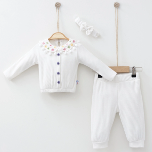 3-12 Ay Kız Bebek Takımı Çiçek Nakış Bandanalı Beyaz