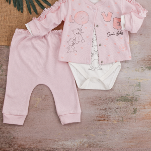 3-9 Ay Kız Bebek Takımı Love Tavşan 3'lü Hırkalı Açık Pembe