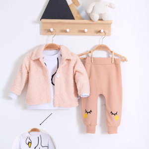 3-18 Ay Kız Bebek Takımı Peluş Hırkalı 3 Lü Açık Pembe