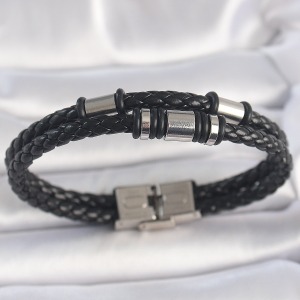 316L Çelik Gümüş Renk Aksesuarlu Çift Sıra Siyah Burgu Desenli Deri Kordon Erkek Bileklik