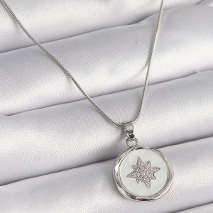316L Çelik Gümüş Renk Zincir Beyaz Sedefli Zirkon Taşlı Yıldız İşleme Model Kadın Kolye