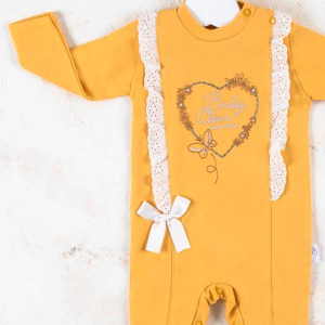 3-12 Ay Kız Bebek Tulumu Love Kalp Nakışlı Sarı