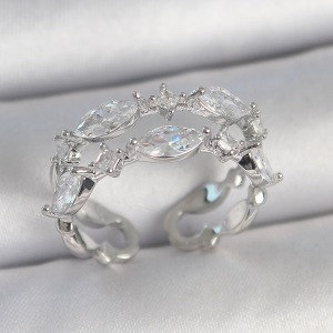 Pirinç Gümüş Renk 2'Li Damla Zirkon Taşlı Ayarlanabilir Kadın Yüzük