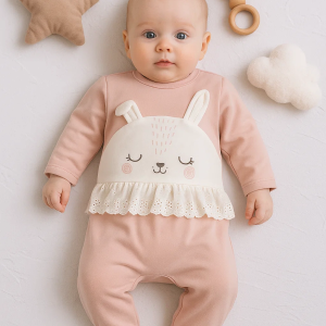 3-12 Ay Kız Bebek Tulum Tavşan Nakışlı Güpürlü Gül Kurusu
