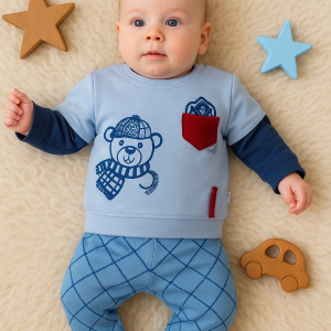 3-12 Ay Erkek Bebek Takımı Cep Bear Nakışlı 2'li Mavi