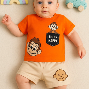 3-18 Ay Erkek Bebek Alt&Üst Takımı Maymun 2li Turuncu