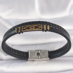 316L Çelik Gold Renk Aksesuarlı Çift Sıra Siyah Burgu Desenli Deri Kordon Erkek Bileklik