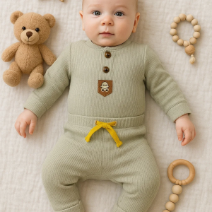 3-12 Ay New Waffle Çıtlı Düğmeli 2'li Mevsimlik Takımı Yeşil