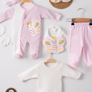 3 Ay Kelebek Nakış Puanlı Tulumlu Kız Bebek 5'li Set Pembe