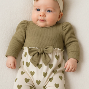 3-9 Ay Kız Bebek Kalp Waffle Bandanalı 2'li Tulum Yeşil