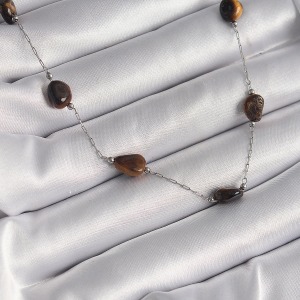 316L Çelik Gümüş Renk Zincir Kahverengi Doğaltaş Model Kadın Kolye