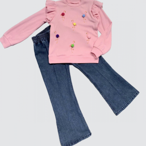 4-5-6 Yaş Kot Pantolonlu Flamingo Desenli Penye Sweat Uzun Kollu 2li Kız Çocuk Takımı