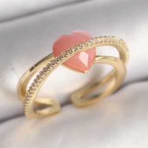 Pirinç Gold Renk Pembe Kristal Kalp Model Zirkon Taş Detaylı Kadın Yüzük