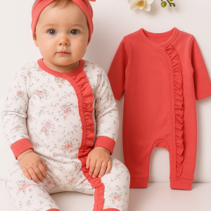 3-9 Ay Çiçek Kız Bebek 4'lü Tulum Seti Nar Çiçeği