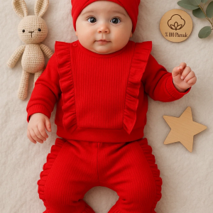 3-12 Ay Kız Bebek Takımı Omuz Fırfır Boneli 3'lü Kırmızı