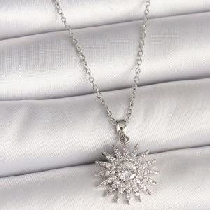 316L Çelik Gümüş Renk Zincir Zirkon Taşlı Güneş Model Kadın Kolye