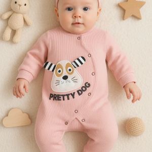 3-18 Ay Kız Bebek Tulumu Pretty Dog Bandanalı Gül Kurusu