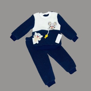 1-2-3 Yaş Sallanan Balık Nakışlı Kuzu Kumaş Sweat Pantolon Uzun Kollu Kız Erkek 2 Li Takımı
