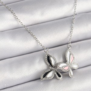 316L Çelik Gümüş Renk Zincir Zirkon Taşlı Renkli Kelebek Model Kadın Kolye