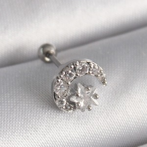 316L Çelik Gümüş Renk Zirkon Taşlı Ay Yıldız Tragus Piercing
