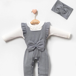 3-9 Ay Dantel Yaka Fiyonklu 2'Li Kız Bebek Salopet Tulum Gri