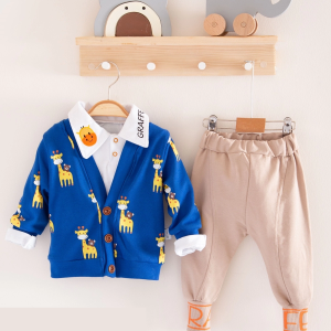 3-18 Ay Erkek Bebek Takımı Zürafa Gömlek Yakalı 3'lü Mavi