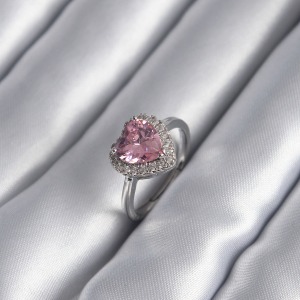 Pirinç Gümüş Renk Pembe Zirkon Taş Kalp Charm Model Kadın Yüzük