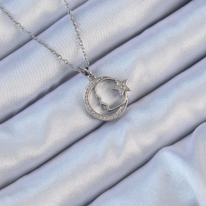 316L Çelik Zincir Gümüş Renk Zirkon Taşlı Ay Yıldız Simgeli Atatürk Kolye