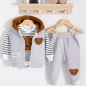 3-18 Ay Erkek Bebek Takımı Peluş Ayıcık Kapişon 3'lü Gri