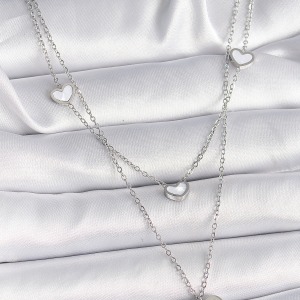 316L Çelik Gümüş Renk Zincir 2'Li Zincir Kalp Model Kadın Kolye