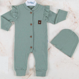 3-12 Ay Kız Bebek Tulumu Boydan Düğmeli Şapkalı Yeşil