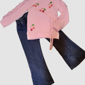 4-5-6 Yaş Kot Pantolonlu Kiraz Desenli Penye Sweat Uzun Kollu 2li Kız Çocuk Takımı