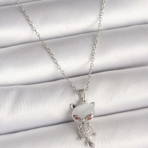 316L Çelik Gümüş Renk Zincir Zirkon Taşlı Kedi Model Kadın Kolye