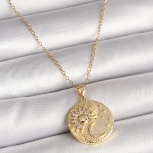 316L Çelik Gold Renk Zincir Zirkon Taş İşlemeli Mavi Taş Detaylı Madalyon Model Kadın Kolye