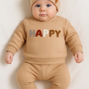 3-18 Ay Erkek Bebek Takımı Happy Nakışlı 2'li Kahverengi