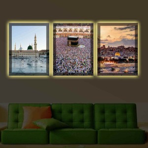 KABE MESCİDİ NEBEVİ MESCİDİ AKSA 3LÜ LED IŞIKLI KANVAS TABLO