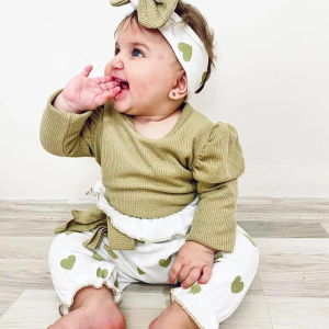 3-18 Ay Bandana Kız Bebek Takımı Kalpli 3'lü Waffle Yeşil