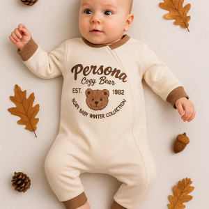 3-12 Ay Erkek Bebek Tulum Persona Bear Nakışlı Kahverengi