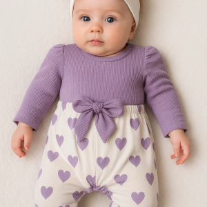3-9 Ay Kız Bebek Kalp Waffle Bandanalı 2'li Tulum Lila