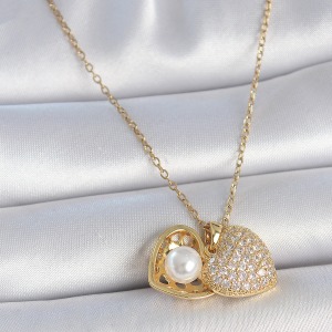 316L Çelik Gold Renk Zincir Zirkon Taşlı Açılır İncili Kalp Model Kadın Kolye