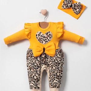 3-9 Ay Kız Bebek Tulum Leopar Fiyonklu Sarı