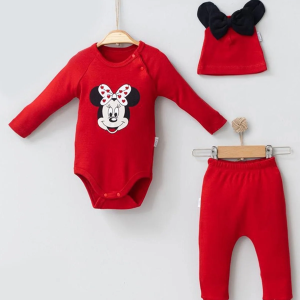 3-18 Ay Erkek Bebek Takımı Mickey Şapkalı 3'lü Kırmızı