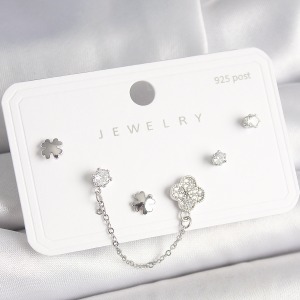 925 Ayar Gümüş Çivi Pirinç Gümüş Renk Zirkon Taşlı Yonca Model Sallantı Zincir Detay Kadın Küpe Seti