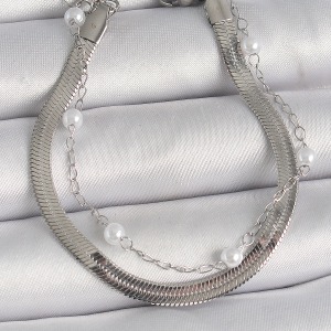 316L Çelik Gümüş Renk 2'Li İtalyan Zincir İnci Detay Kadın Bileklik