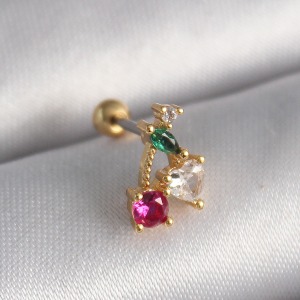 316L Çelik Gold Renk Zirkon Taşlı Kiraz Tragus Piercing
