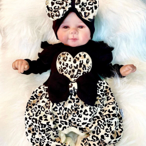 3-9 Ay Kız Bebek Tulum Leopar Fiyonklu Siyah