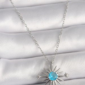 316L Çelik Gümüş Renk Zincir Mavi Taş Detaylı Kuzey Yıldızı Model Kadın Kolye