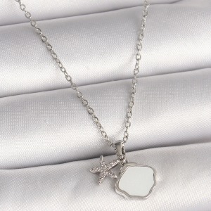 316L Çelik Gümüş Renk Zincir Sallantı Beyaz Mineli Deniz Kabuğu Zirkon Taşlı Deniz Yıldızı Figür Kadın Kolye